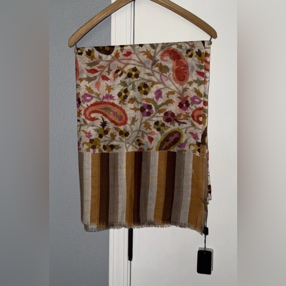 Krish Silk / Wool Shawl Wrap Floral Scarf  Paisley Earthtones 74x28 NWT